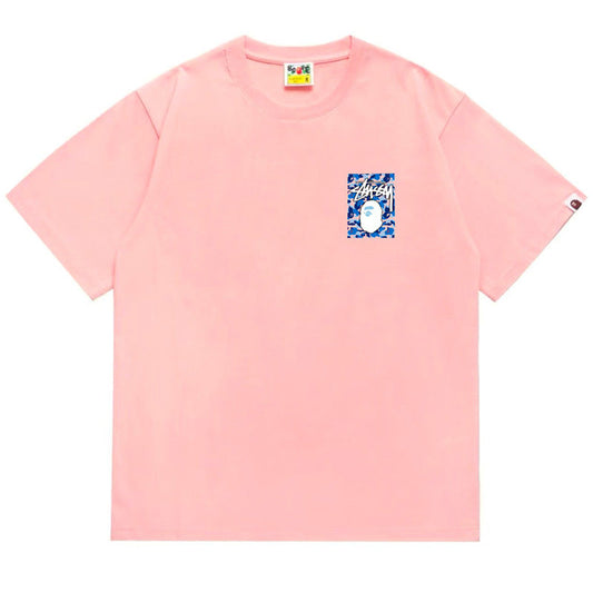 BAPE x Stussy Blue Camo Back Print Men's T-Shirt - Pink