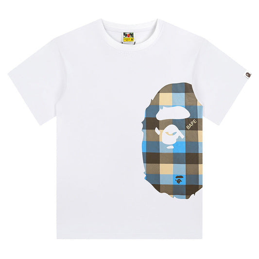 BAPE Blue Plaid Side Ape Head Men's T-Shirt - White