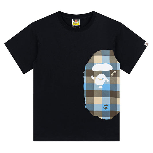 BAPE Blue Plaid Side Ape Head Men's T-Shirt - Black