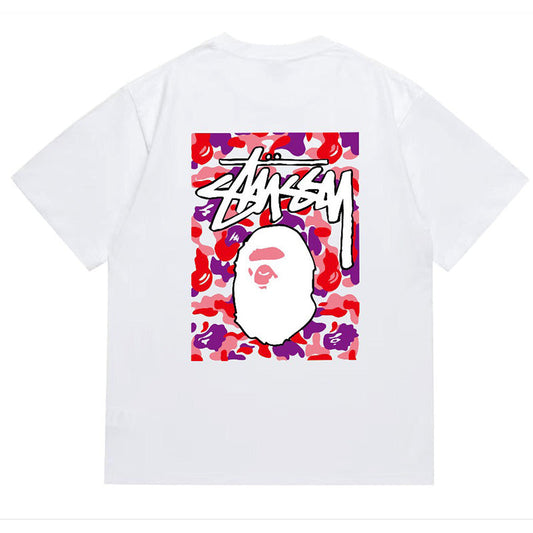 BAPE x Stussy Red Camo Back Print Men's T-Shirt - Black