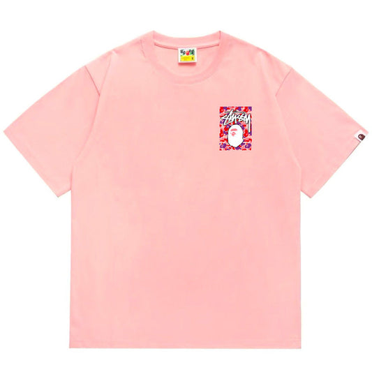 BAPE x Stussy Pink Camo Back Print Men's T-Shirt - Red