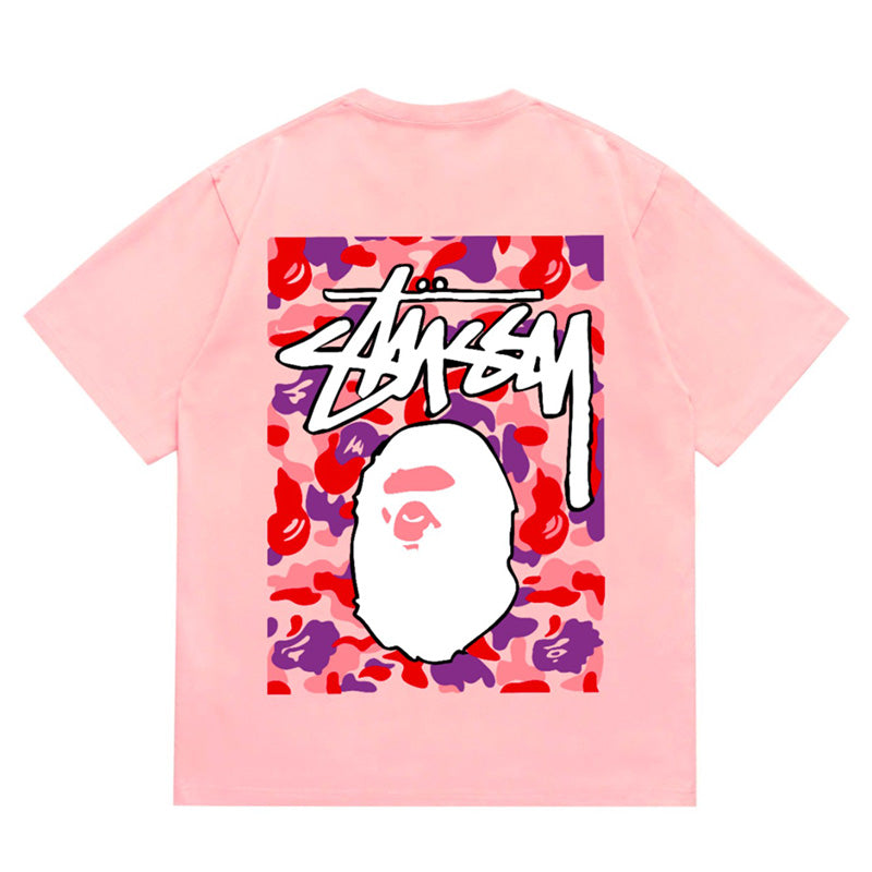 BAPE x Stussy Pink Camo Back Print Men's T-Shirt - Red
