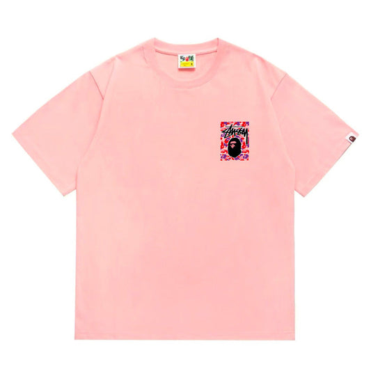 BAPE x Stussy Red Camo Back Print Men's T-Shirt - Pink