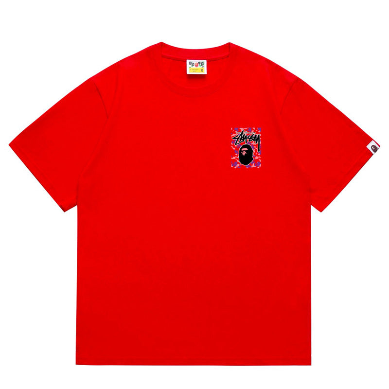 BAPE x Stussy Red Camo Back Print Men's T-Shirt - Pink