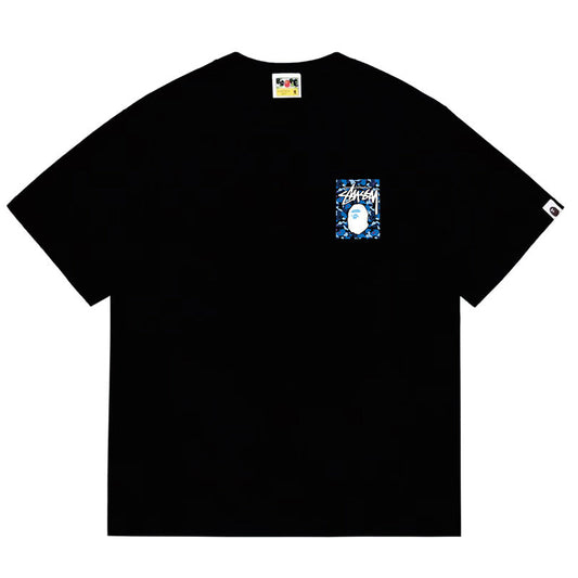 BAPE x Stussy Blue Camo Back Print Men's T-Shirt - Black