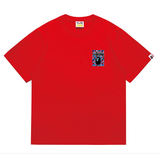 BAPE x Stussy Blue Camo Back Print Men's T-Shirt - Red