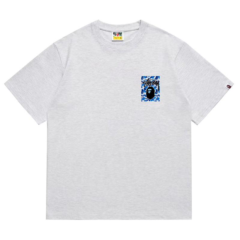 BAPE x Stussy Blue Camo Back Print Men's T-Shirt - Red