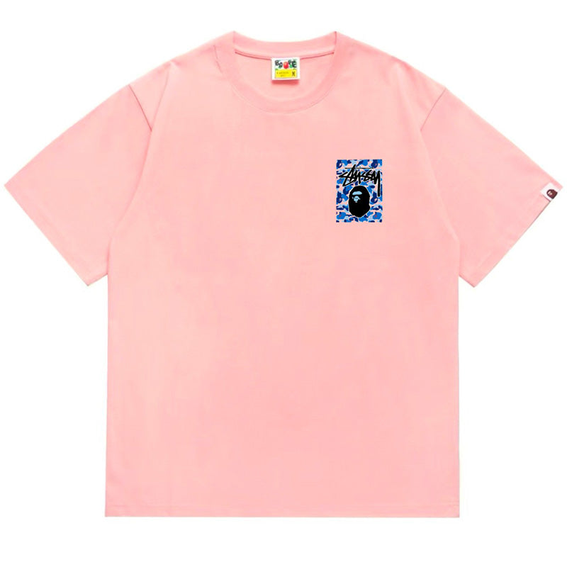 BAPE x Stussy Blue Camo Back Print Men's T-Shirt - White