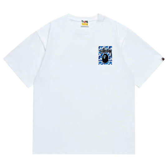 BAPE x Stussy Blue Camo Back Print Men's T-Shirt - White
