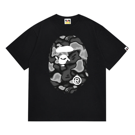 BAPE Gray Liquid Camo Big Ape Head Men's T-Shirt - Black