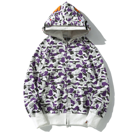 BAPE Purple Camo Double-Hood Shark Zip Hoodie
