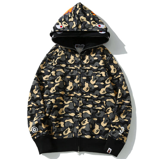BAPE Black Camo Double-Hood Shark Zip Hoodie