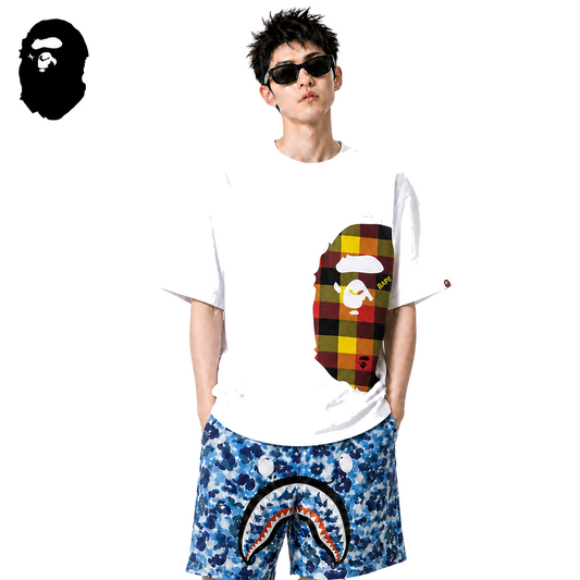 BAPE Red Plaid Side Ape Head Men's T-Shirt - White