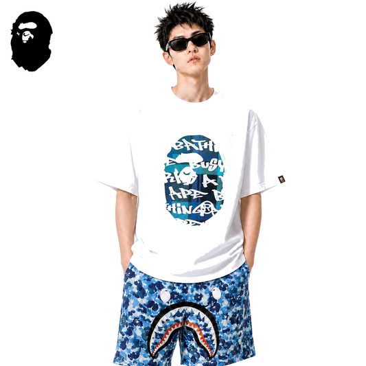 BAPE Blue Stroke Camo Big Ape Head Men's T-Shirt - White