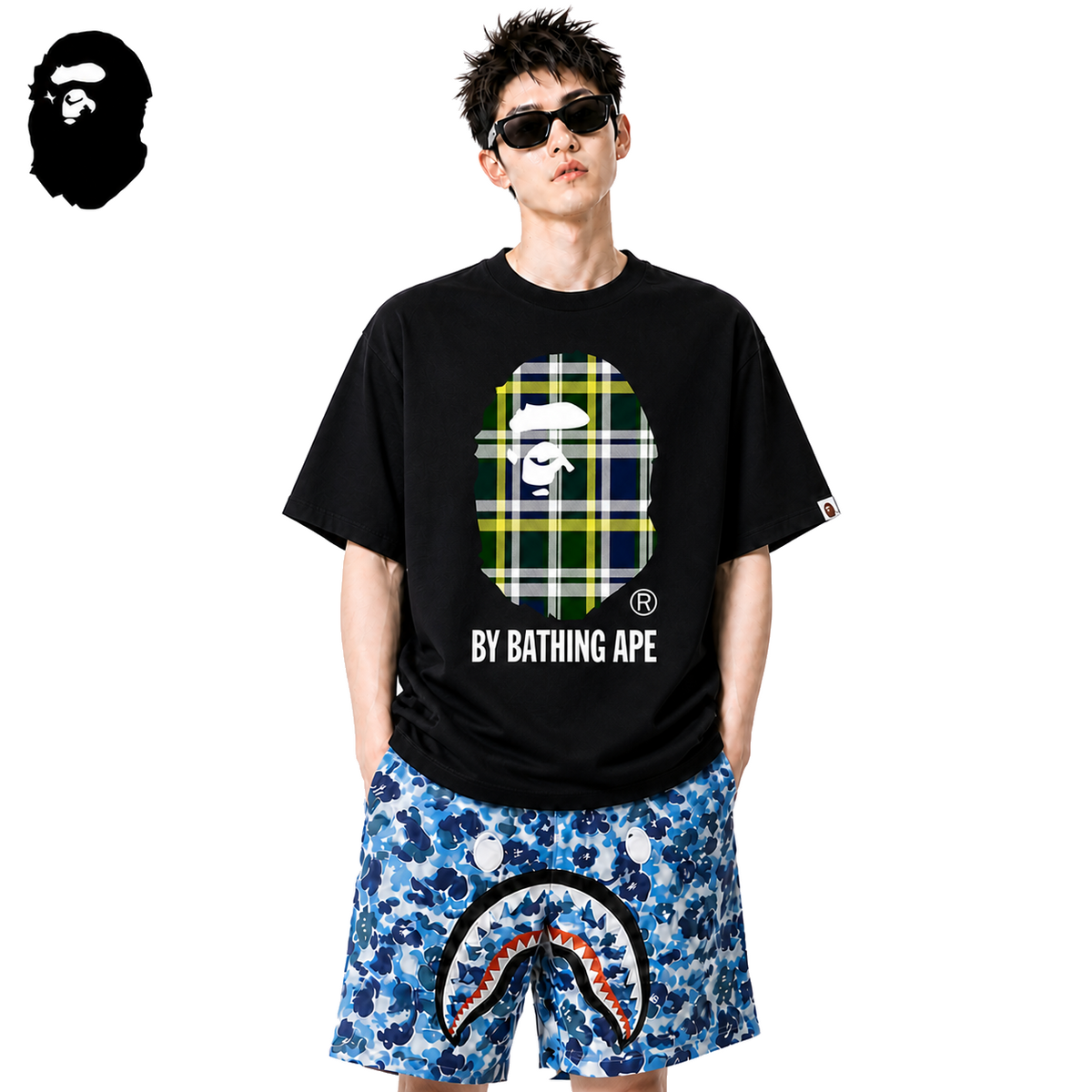 BAPE Green Check Ape Head Men's Graphic T-Shirt - Black