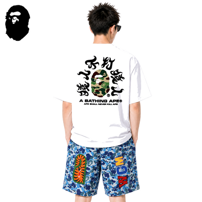 BAPE Green ABC Camo Kanji Back Print Men's T-Shirt - White