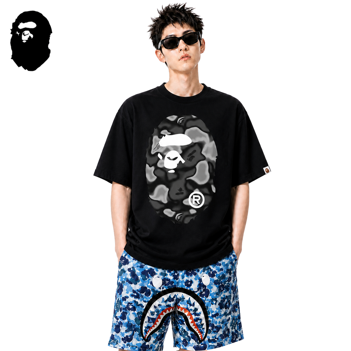 BAPE Gray Liquid Camo Big Ape Head Men's T-Shirt - Black