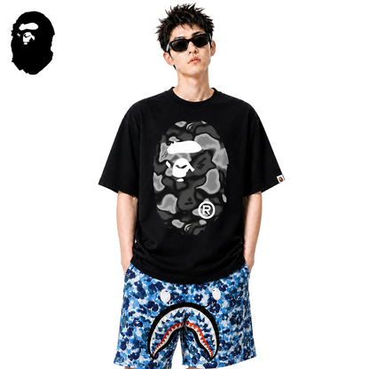 BAPE Gray Liquid Camo Big Ape Head Men's T-Shirt - Black
