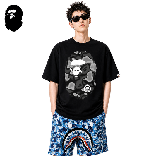 BAPE Gray Liquid Camo Big Ape Head Men's T-Shirt - Black