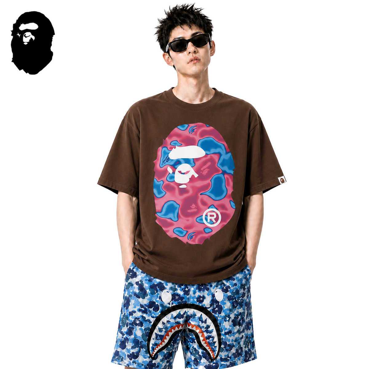 BAPE Pink Liquid Camo Big Ape Head Men's T-Shirt - Brown
