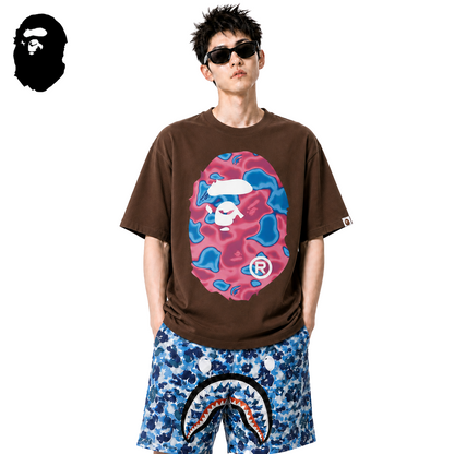 BAPE Pink Liquid Camo Big Ape Head Men's T-Shirt - Brown