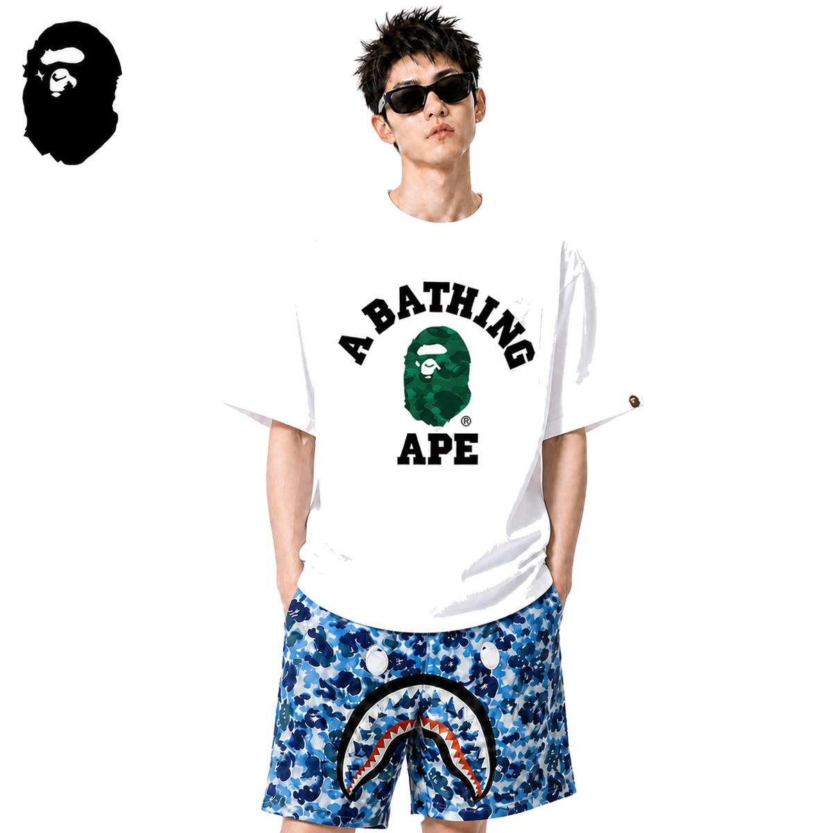 BAPE Green Color Camo College Men's T-Shirt - White