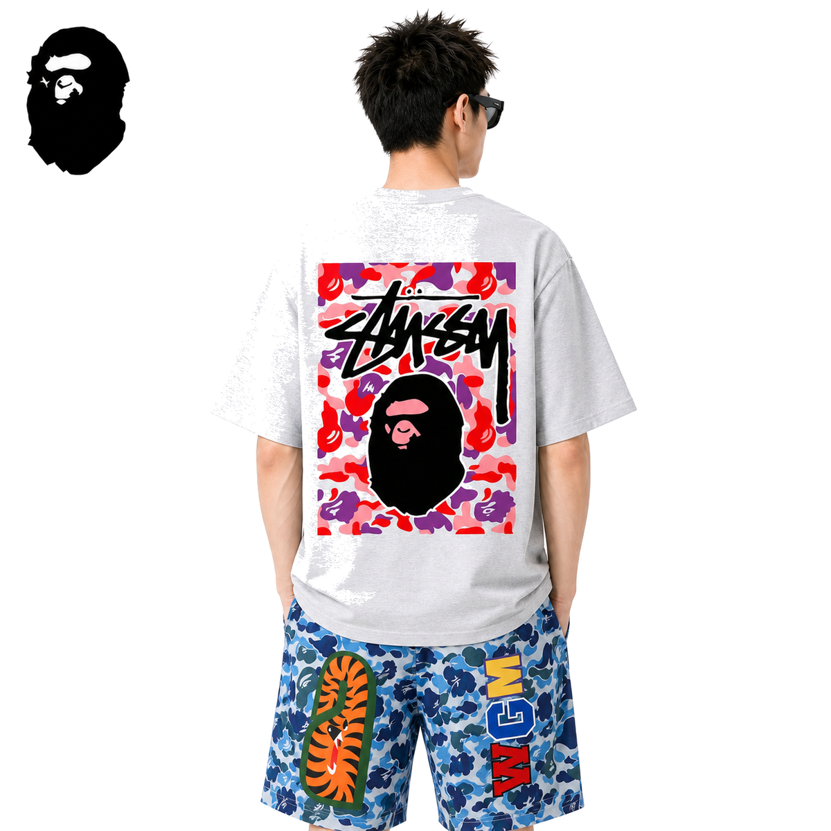 BAPE x Stussy Red Camo Back Print Men's T-Shirt - Gray