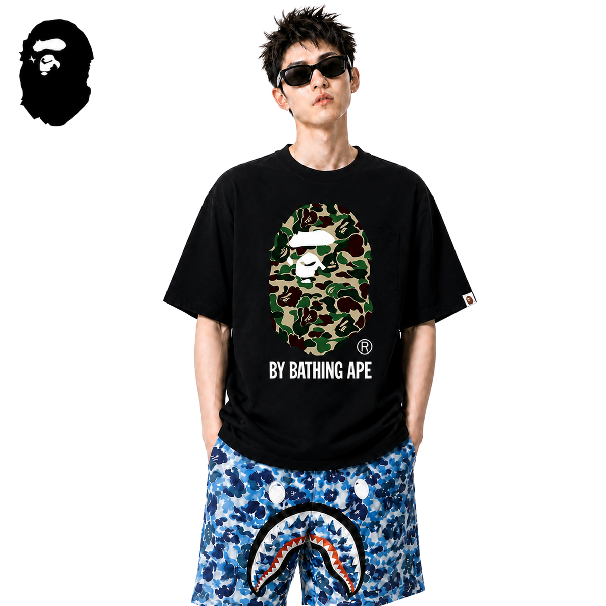 BAPE Green ABC Camo Ape Head Men's T-Shirt - Black