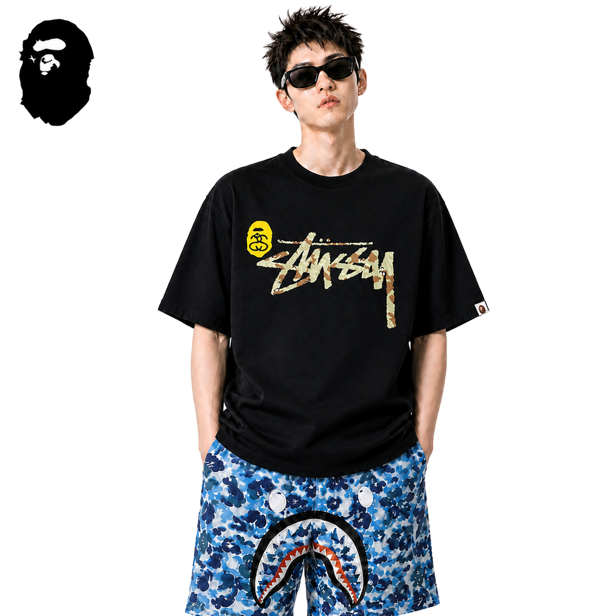 BAPE x Stussy Shark Logo Men's T-Shirt - Black