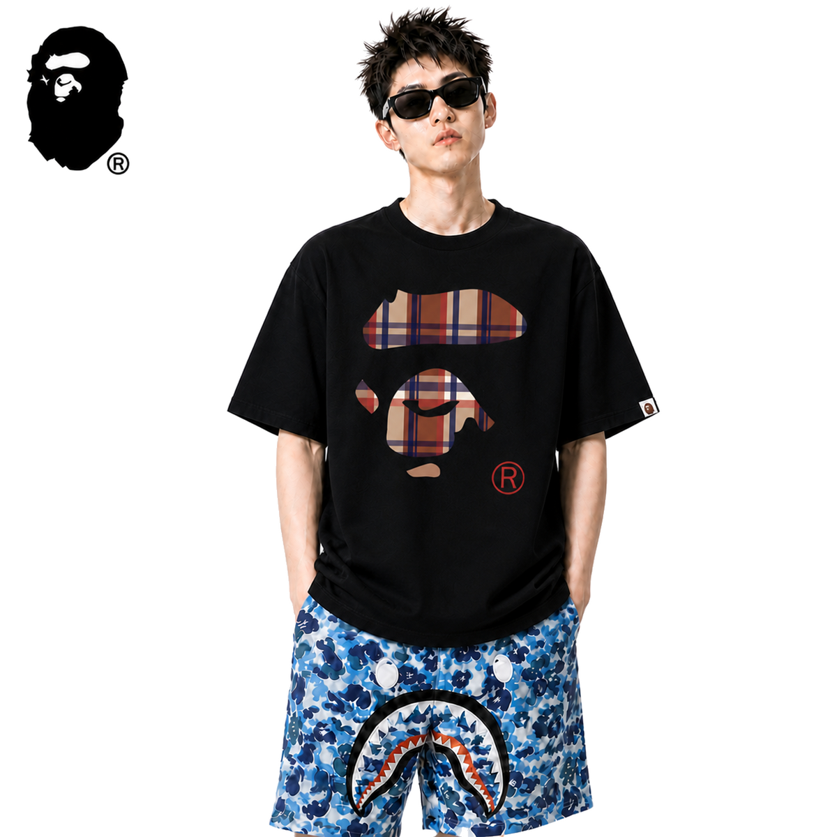 BAPE Plaid Split Ape Face Men's T-Shirt - Black