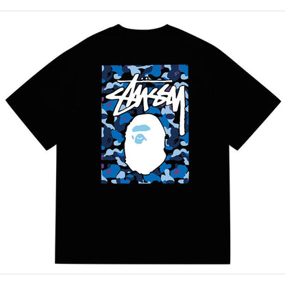 BAPE x Stussy Blue Camo Back Print Men's T-Shirt - Black