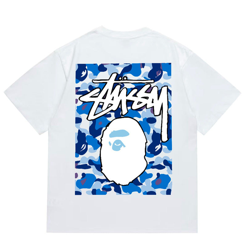 BAPE x Stussy Blue Camo Back Print Men's T-Shirt - Black