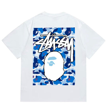 BAPE x Stussy Blue Camo Back Print Men's T-Shirt - Black