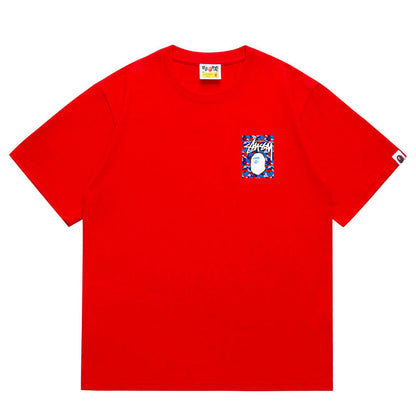 BAPE x Stussy Blue Camo Back Print Men's T-Shirt - Pink