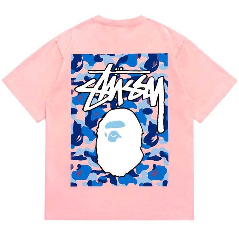 BAPE x Stussy Blue Camo Back Print Men's T-Shirt - Pink