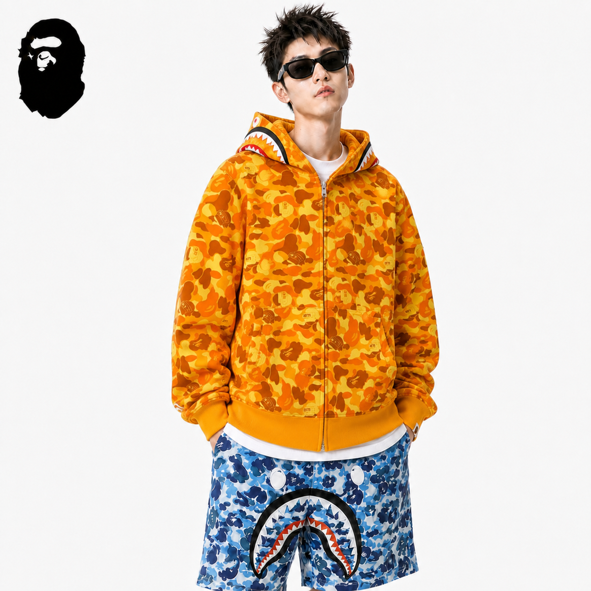 BAPE Orange Camo Shark Hoodie