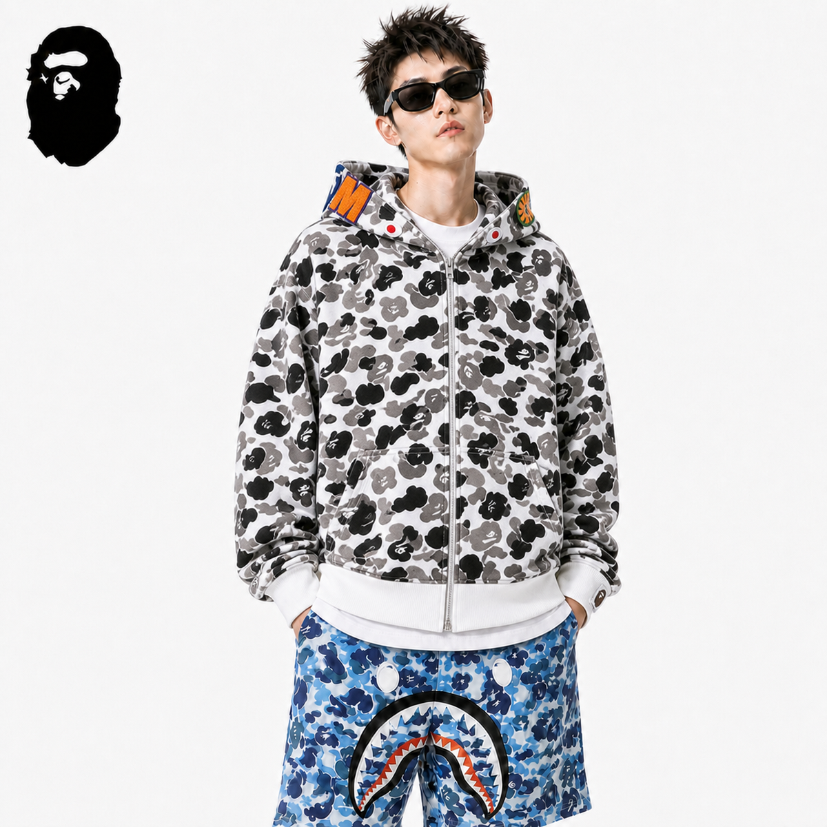 BAPE WGM Camo Shark Hoodie - Green & Grey