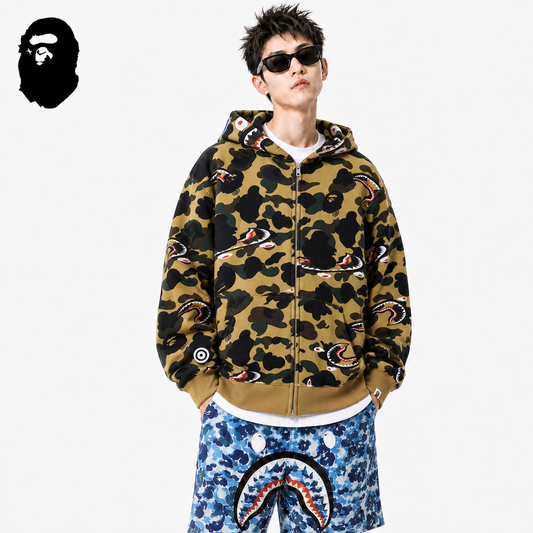 BAPE 1st Camo Shark Zip Hoodie - Green & Yellow