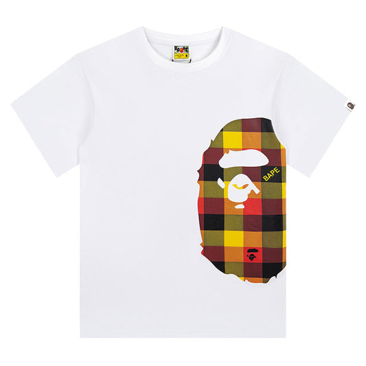 BAPE Red Plaid Side Ape Head Men's T-Shirt - White