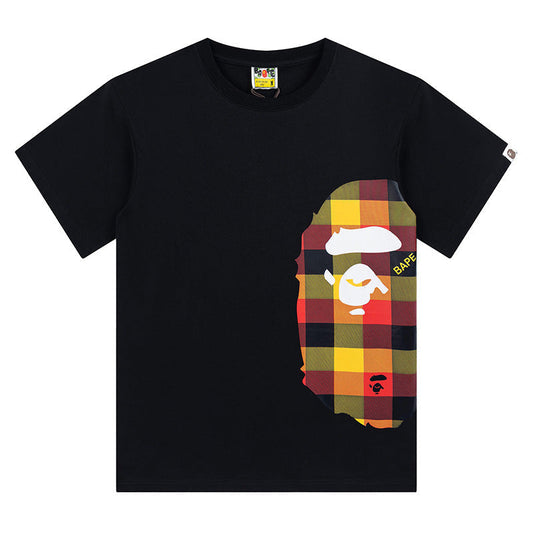 BAPE Multicolor Plaid Side Ape Head Men's T-Shirt - Black