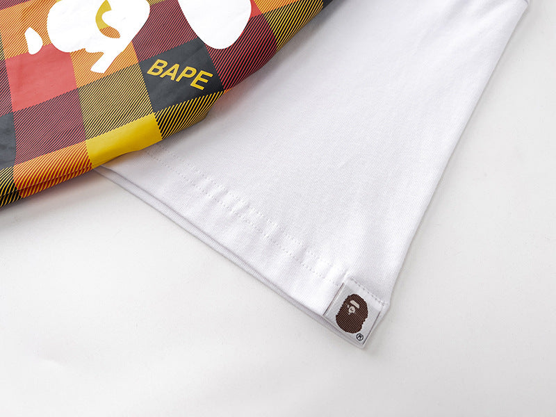 BAPE Red Plaid Side Ape Head Men's T-Shirt - White