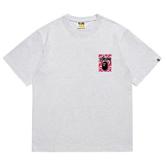 BAPE x Stussy Red Camo Back Print Men's T-Shirt - Gray
