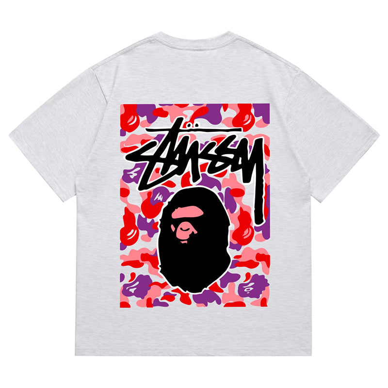 BAPE x Stussy Red Camo Back Print Men's T-Shirt - Gray