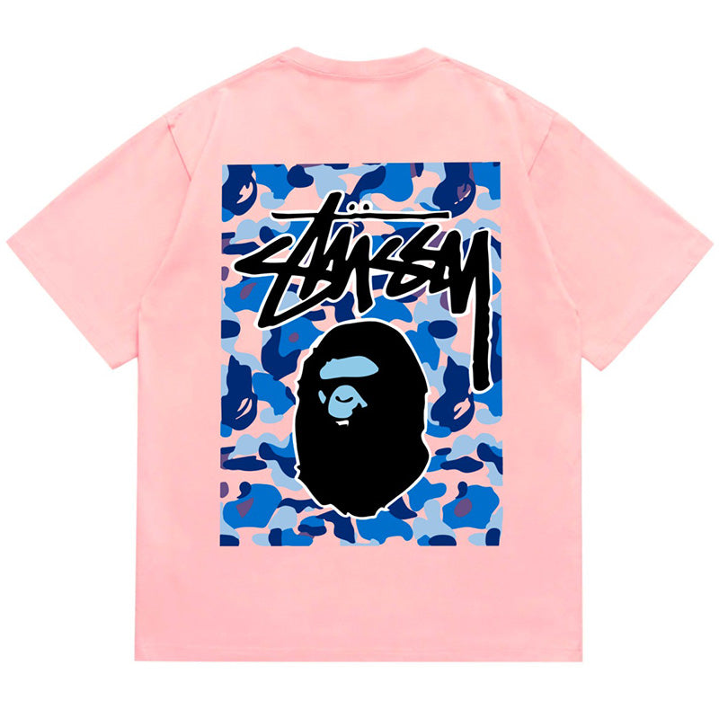 BAPE x Stussy Blue Camo Back Print Men's T-Shirt - White