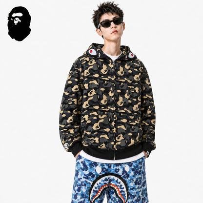 BAPE Black Camo Double-Hood Shark Zip Hoodie