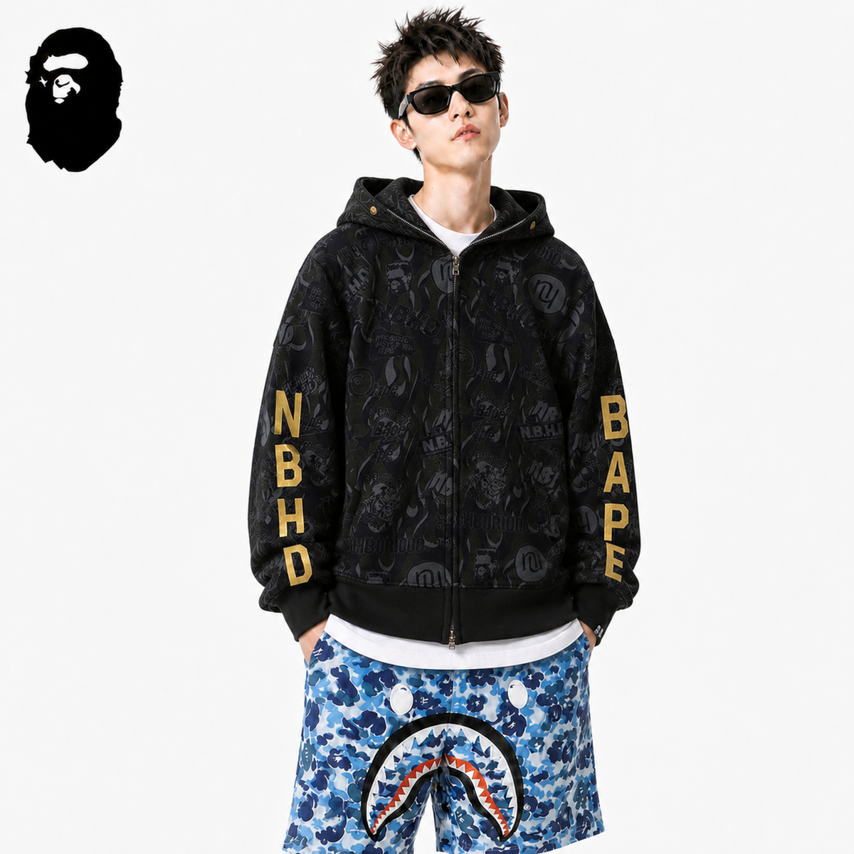 BAPE Black & Gold Camo Shark Hoodie