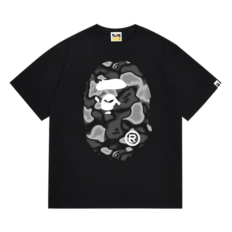 BAPE Gray Liquid Camo Big Ape Head Men's T-Shirt - Black
