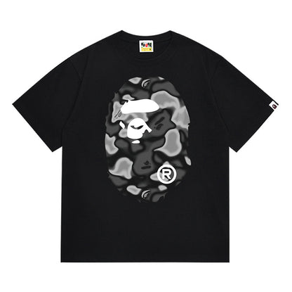 BAPE Gray Liquid Camo Big Ape Head Men's T-Shirt - Black