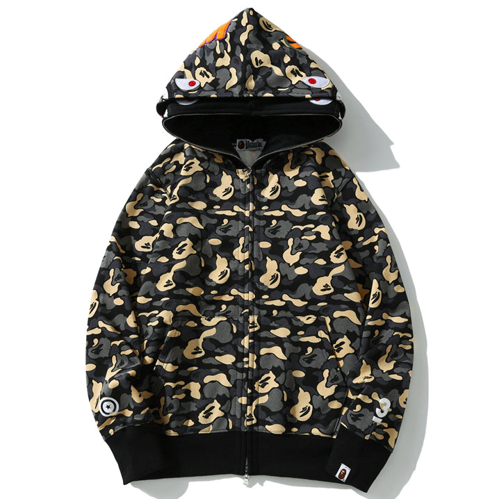 BAPE Black Camo Double-Hood Shark Zip Hoodie